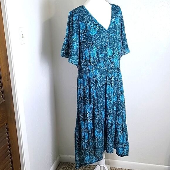 Isaac Mizrahi Chiffon Midi-Dress, Teal & Dark Green, Size Large - Picture 4 of 12